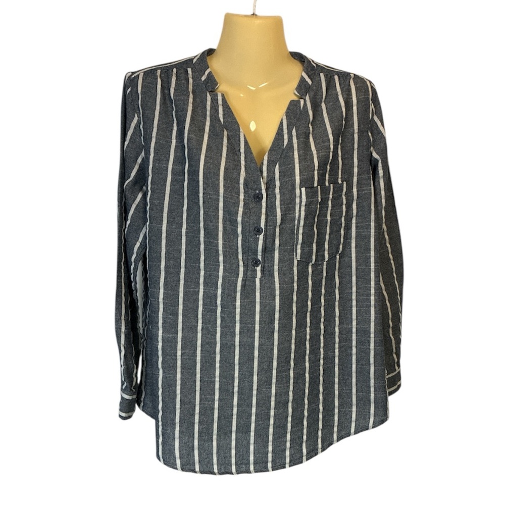 Yidarton Linen Flax Blend Blouse V-Neck Button Gray Blue White Striped Shirt XL